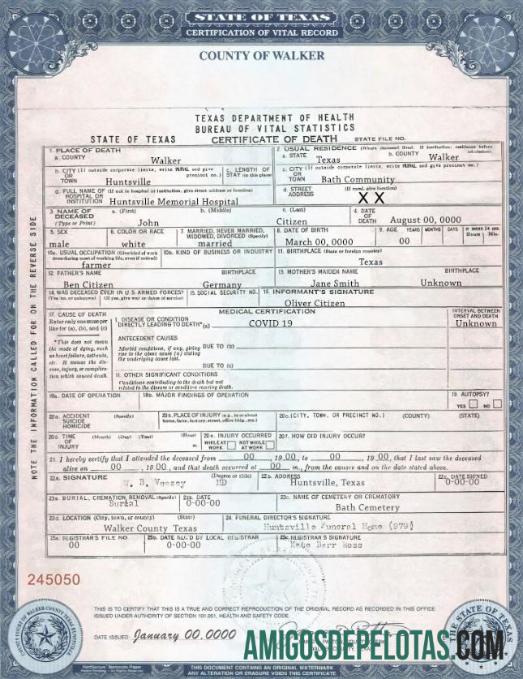 Em branco modelo de certidão de óbito do estado do Texas nos EUA em formato PSD